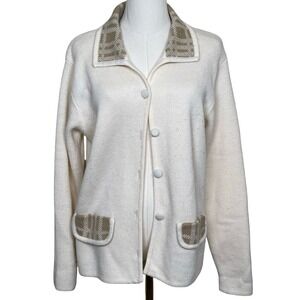 Vintage Cream Button Front Knit Cardigan Sweater Plaid Trim S 70s Secretary